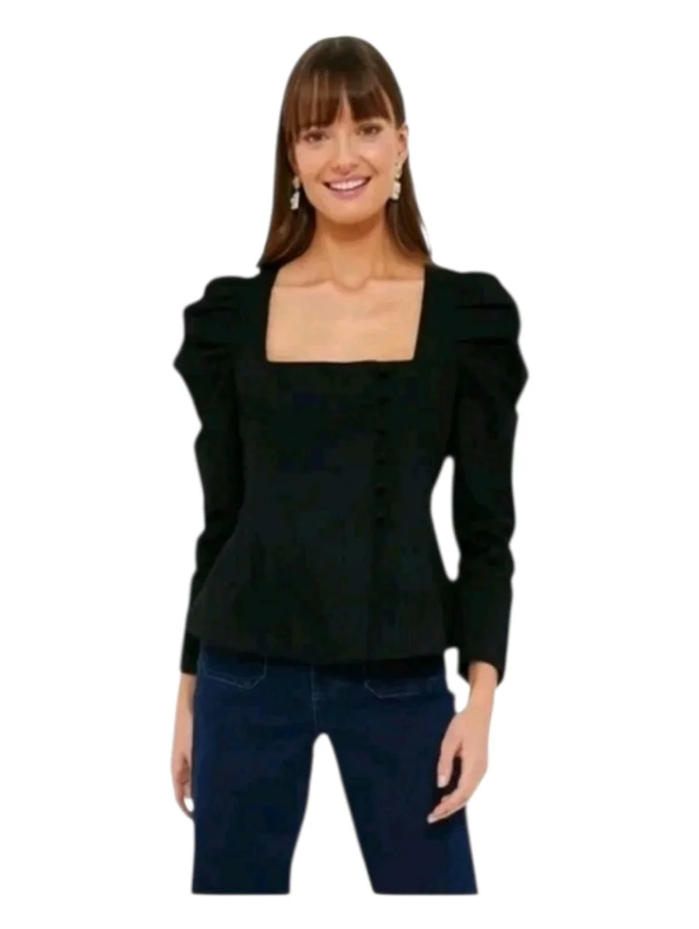 Tuckernuck Womens Black Victorian Square Neck Puff Sleeve Calla Blouse Large